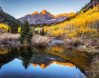 Aspen Photography | Maroon Bells Morning View | Colorado Fall Decor, Maroon Bells Photo, Colorado Wall Art, Aspen Print, Maroon Bells Photo