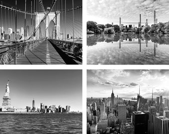 B&W NYC Print Set, Black and White Views of New York City, Manhattan Wall Art Set, Statue of Liberty Photography, Brooklyn Bridge Print