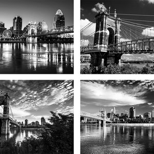 B&W Cincinnati Photography | Black and White Cincinnati Photo Set | Set of Four Cincinnati Skyline Prints, Cincinnati Wall Art Home Decor