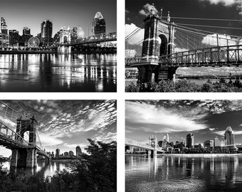 B&W Cincinnati Photography | Black and White Cincinnati Photo Set | Set of Four Cincinnati Skyline Prints, Cincinnati Wall Art Home Decor