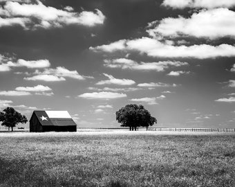 B&W Texas Photography | Black and White Texas Flag Barn View | Rustic Texas Wall Decor, Country Photography, Farmhouse Decor Photo Print