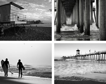 Huntington Beach Photo Set | "B&W Huntington Beach" | Southern California Beach Wall Art, Black and White Huntington Beach Pier Images