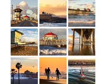 Huntington Beach Photo Set, Set of Nine Square Images, HB California Prints, Beach House Decor Wall Art, Huntington Beach Photography