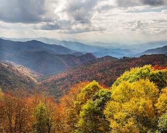 Blue Ridge Fall Decor Photo | "Blue Ridge Parkway Sunbeams" | Fall Foliage North Carolina Wall Art - Blue Ridge Wall Art - Autumn Blue Ridge