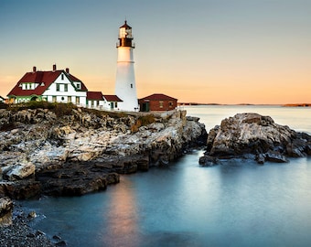 Maine Lighthouse Photo | Portland Head Light Sunset | Portland Maine Photography, Cape Elizabeth Maine Photo, Maine Lighthouse Home Decor