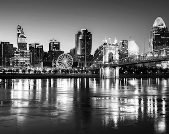 B&W Cincinnati Print | Black and White Cincinnati Skyline Night | Cincinnati Photography | Cincinnati Wall Art - Ohio Photography