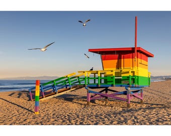 Hermosa Beach Print, Pride Lifeguard Stand, Rainbow Lifeguard Stand Photo, Los Angeles Beach Cities Wall Art, California Beach Wall Art
