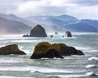 Cannon Beach Photo | Moody Haystack Rock View | Cannon Beach Print - Cannon Beach Wall Art, Oregon Coast Photography, Ecola State Park