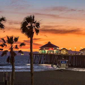 Huntington Beach Photography | Palm Tree Pier View | Huntington Beach Pier Sunset Photography, California Palm Tree Photo Print, HB Pier