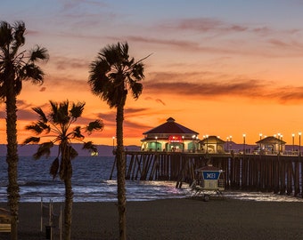 Huntington Beach Photography | Palm Tree Pier View | Huntington Beach Pier Sunset Photography, California Palm Tree Photo Print, HB Pier