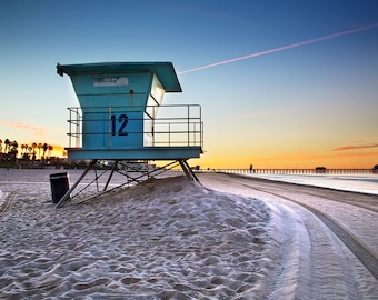 Huntington Beach Wall Art | "Lifeguard Stand #12" | Huntington Beach Photo | Sunrise Beach Photo | Blue Beach Photo - Blue & Orange Beach