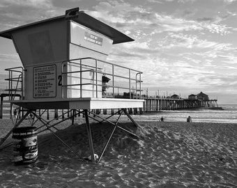 B&W Huntington Beach Print, Lifeguard Stand #2, Black and White Huntington Beach Pier Photo, Southern California Wall Art