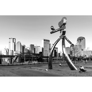 B&W Dallas Photography, Deep Ellum Traveling Man Skyline View, Black and White Dallas Skyline Print, Deep Ellum Robot, Dallas Texas Wall Art
