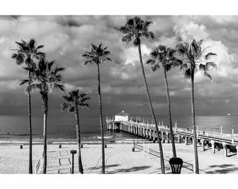 B&W Manhattan Beach Pier Photo, Through the Palm Trees, Black and White California Print, Los Angeles Beach Photography Wall Art Home Decor