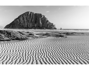 B&W Morro Rock Print, Sand Dune Ripples, Black and White Morro Bay Print, California Central Coast Wall Art, Morro Bay Photography