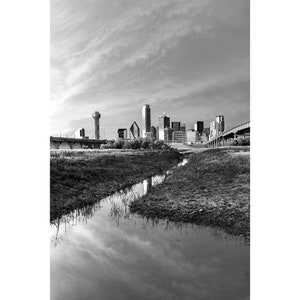 B&W Dallas Photo, Black and White Vertical Trinity River Dallas Skyline View, Dallas Home Decor Photography, Dallas Skyline Wall Art Print