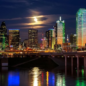 Dallas Skyline Photo | &quot;Dallas Skyline Moonrise&quot; | Dallas Photography | Dallas Skyline Print - DFW Photography - Full Moon Dallas Picture
