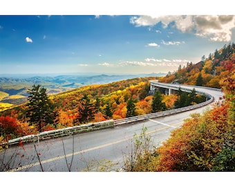 May include: Scenic landscape featuring a winding road and bridge amidst a vibrant autumn forest. The trees display a spectrum of colors, from green to fiery red and orange, under a bright blue sky with fluffy clouds.