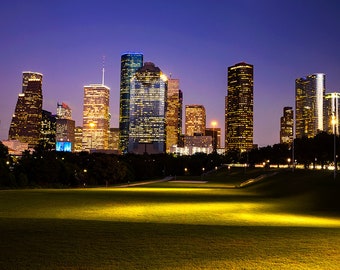 Houston Skyline Photo | Houston Skyline Dusk Print | Houston City Lights Evening Photography - Houston Skyline Wall Art - Texas Home Decor