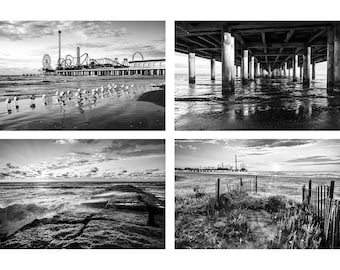 B&W Galveston Texas Print Set, Black and White Galveston Pier Photo Set, Coastal Texas Wall Art, Galveston Island Pleasure Pier Photography