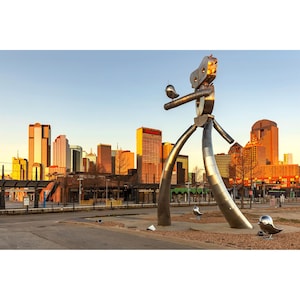 Dallas Print, Deep Ellum Traveling Man Skyline Sunrise, Dallas Skyline Photo, Deep Ellum Robot, Dallas Texas Wall Art, Dallas Photography