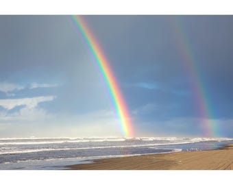 Double Rainbow Photo Print, Double Rainbow Shores, Inspirational Wall Art, Beach Home Decor, Double Rainbow Over the Ocean Photography