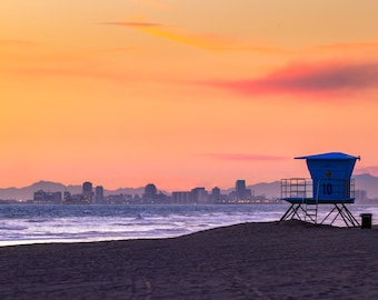 Long Beach Print, Long Beach Skyline Sunset, Long Beach California Photo Wall Art, Huntington Beach Lifeguard Stand Photography