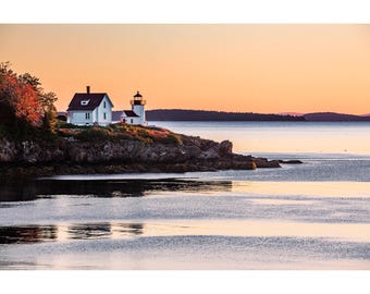 Fotografía del faro de Maine, amanecer en el faro de la isla Curtis, impresión del faro de Maine, arte mural de Maine, fotografía del faro de Camden, Maine
