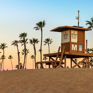 Newport Beach Print, Balboa Lifeguard Tower M Palm Tree View, Newport Beach California Photo Wall Art, Balboa Pier Photography