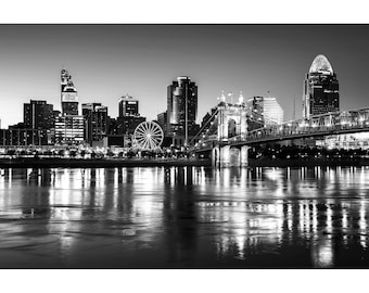 B&W Cincinnati Print, Black and White Cincinnati Skyline Night, Cincinnati Photography, Cincinnati Wall Art Photo, Ohio Photography