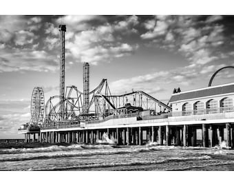 B&W Galveston Texas Print, Black and White Galveston Island Pleasure Pier Photo, Texas Wall Art, Galveston Photo Print, Texan Decor