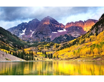Aspen Wall Art, Maroon Bells Autumn, Colorado Fall Foliage Photography Print, Aspen Tree Photo, Mountain Landscape Home Decor