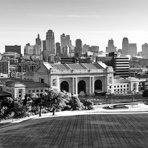 B&W Kansas City Print, Black and White Kansas City Morning Skyline, Union Station Kansas City Missouri Skyline Photography, KC Wall Art