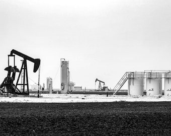 B&W Pump Jack Photo | Black and White Oil Field Photography  | Oil and Gas Art - Pump Jack Wall Art, Pumpjacks and Tanks on a Foggy Morning