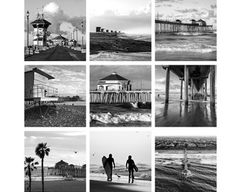 B&W Huntington Beach Photo Set, Set of Nine Square Images, Black and White Huntington Beach House Decor Wall Art, Beach Photography