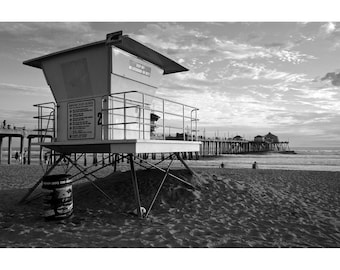 B&W Huntington Beach Print, Lifeguard Stand #2, Black and White Huntington Beach Pier Photo, Southern California Wall Art