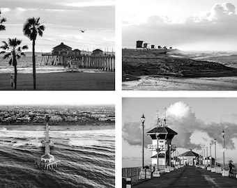 Black and White Huntington Beach Photo Set | Four Photo Set of B&W Huntington Beach Pictures | Huntington Beach Pier Photo Set, HB Wall Art