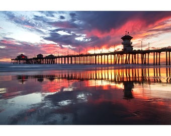 Huntington Beach Pier Print, HB Pier Reflections, Colorful Beach Wall Art, Huntington Beach Photography, Southern California Beach Photo