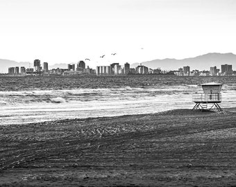 B&W Long Beach Print, Black and White Long Beach Skyline View from Huntington Beach, Long Beach California Photography, Long Beach Photo