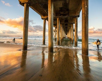 Huntington Beach Photography, Sunrise Surfers at the Pier, California Beach Photo Wall Art, Beach House Decor, Huntington Beach Print