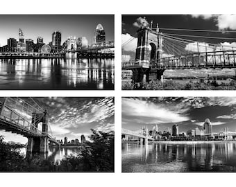 B&W Cincinnati Photography, Black and White Cincinnati Photo Se, Set of Four Cincinnati Skyline Prints, Cincinnati Wall Art Home Decor