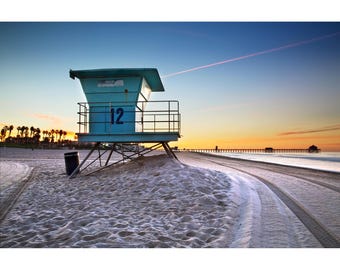 Huntington Beach Wall Art, Lifeguard Stand #12, Sunrise Huntington Beach Photo, California Photography, Blue & Orange Beach Print