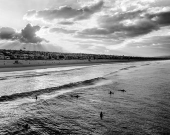 B&W Manhattan Beach Print, Black and White Surfer Sunrise, Manhattan Beach California Wall Art, Los Angeles Beach Cities Photography