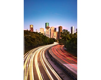 Houston Skyline Photography | City Light Trails Photo | Vertical Houston Print - Houston Wall Art Picture - Houston Home Decor Skyline Print