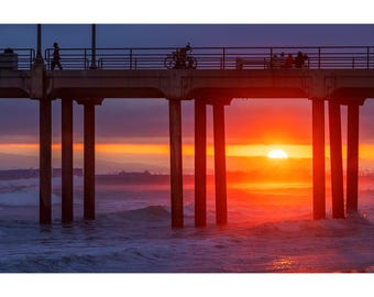Huntington Beach Pier Print, Last Light at the Pier, California Beach Wall Art, Huntington Beach Photography, Moody Pier Sunset Photo