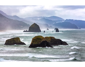 Cannon Beach Photo, Moody Haystack Rock View, Cannon Beach Print, Cannon Beach Wall Art, Oregon Coast Photography, Ecola State Park