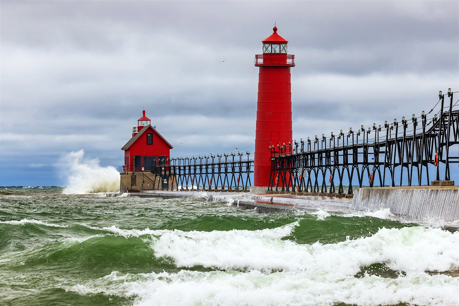 Grand Haven Lighthouse Print, Crashing Waves at Grand Haven