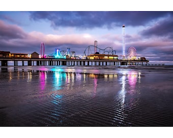 Galveston Photo, Galveston Evening Lights, Texas Photography, Galveston Texas Print, Evening Galveston Pleasure Pier Wall Art