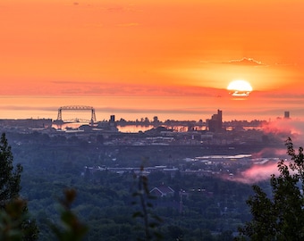 Duluth Print, Duluth Skyline Sunrise, Duluth Minnesota Photo, Lake Superior Minnesota Photography, Duluth Aerial Lift Bridge Wall Art