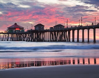 Huntington Beach Photo Print | "Peaceful Pier" | California Sunset | Pink Beach Wall Art - Huntington Beach Photo Decor Gift - Pink Sunset